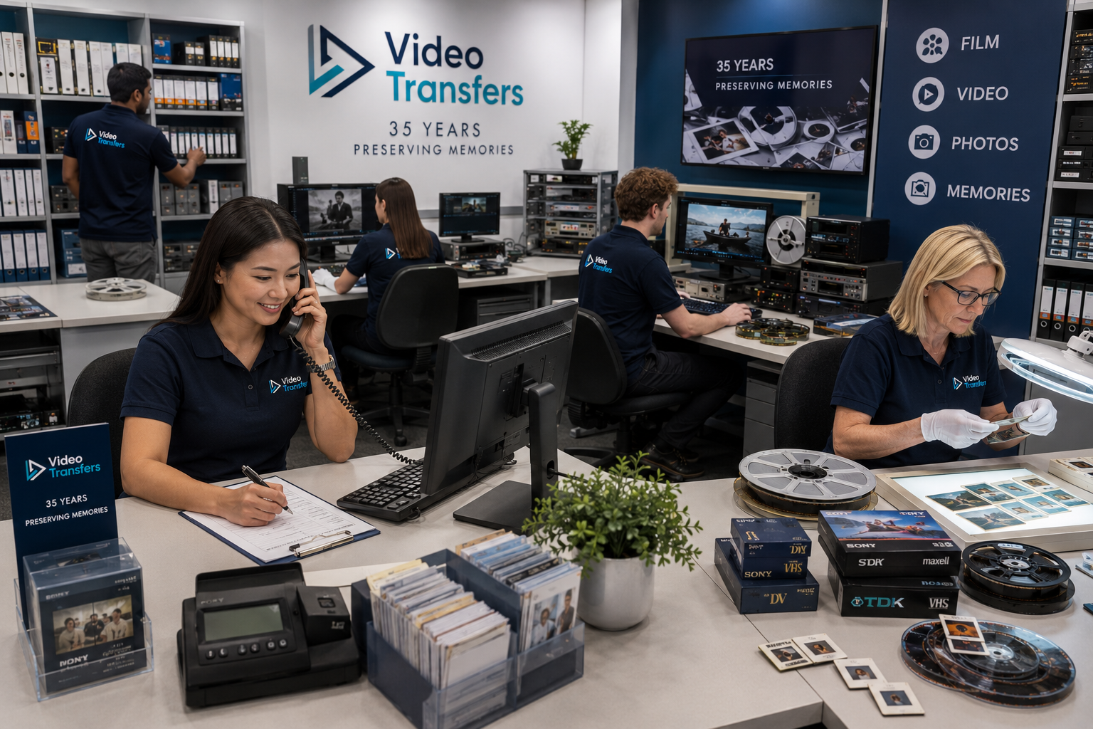 Video Transfers technicians working with tapes, film reels, slides and digital equipment